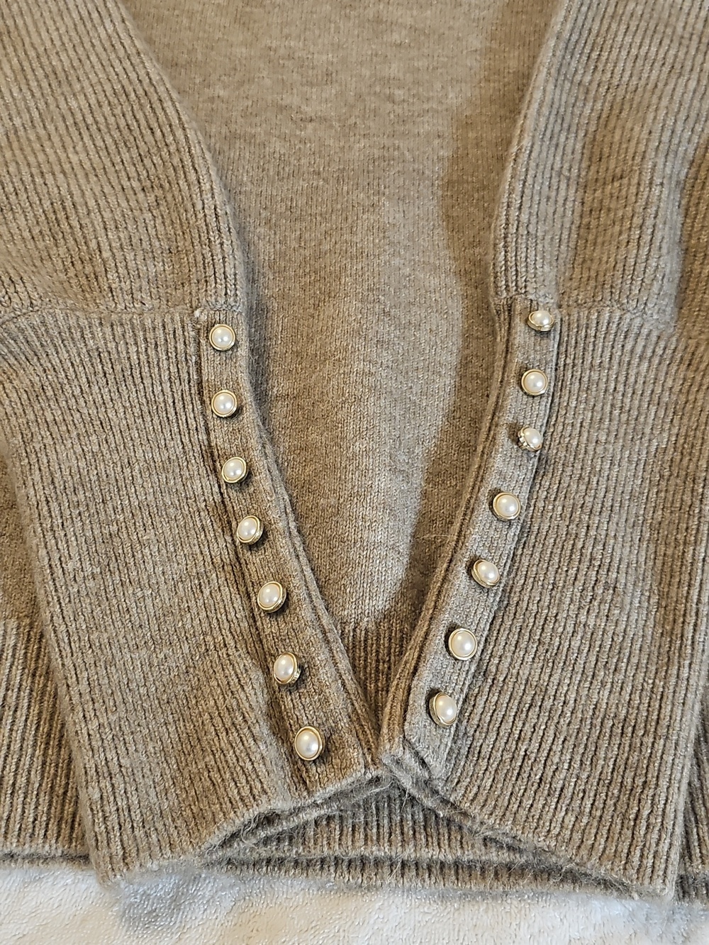 Women's XL Mock Neck Pearl Sleeve Cuff Sweater - Beige Neutral Earthtone Staple